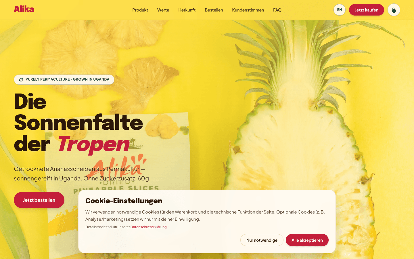Screenshot der Alika Shopify-Landing: Claim und getrocknete Ananas