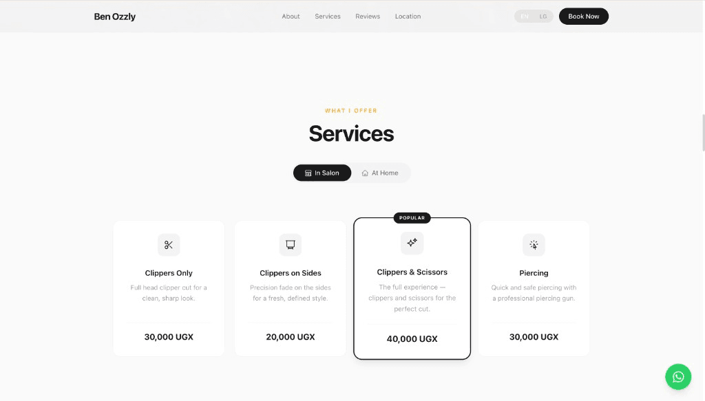 Screenshot der Ben-Ozzly-Website: Services
