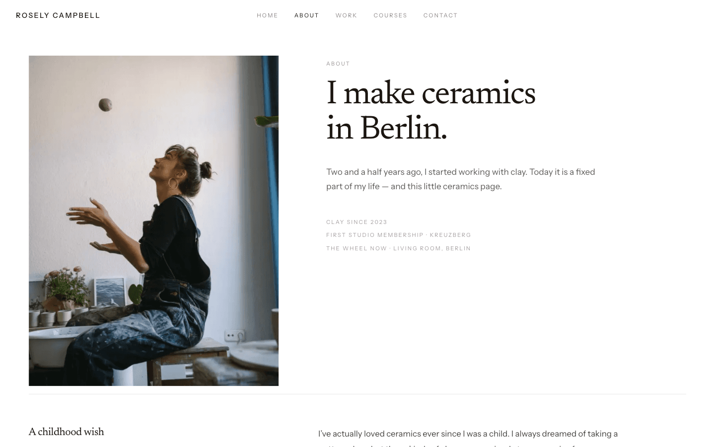 Screenshot der About-Seite: Porträt von Rosely Campbell und der Satz I make ceramics in Berlin